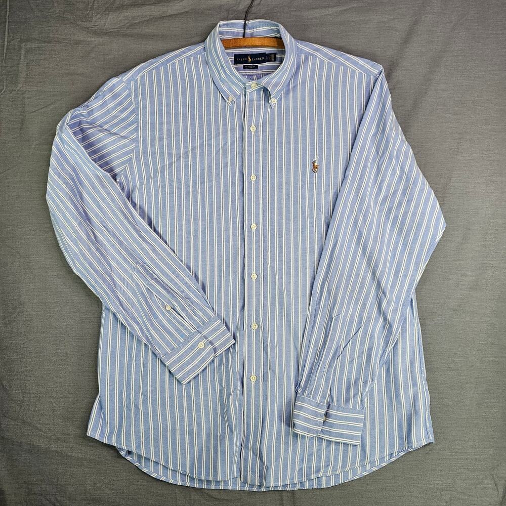 Ralph Lauren Classic Fit Long Sleeve Oxford White/Blue Stripes Men's Size Large